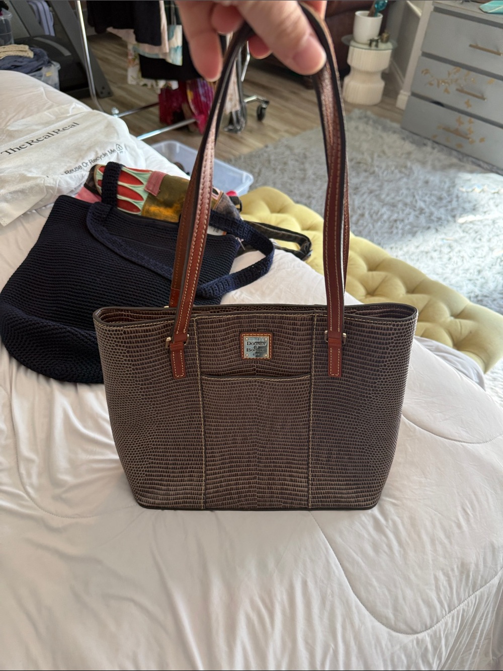 Dooney & Bourke Brown Textured Tote with Tan Handles